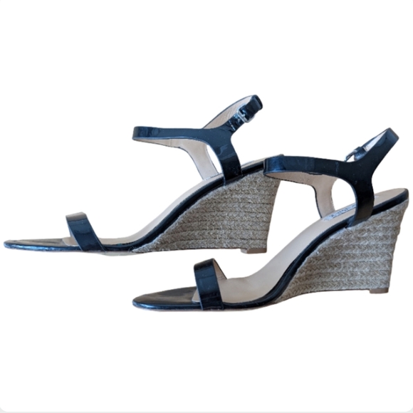 Badgley Mischka Black Patent Leather Espadrille Wedge Sandals Size 8.5 - Picture 2 of 11